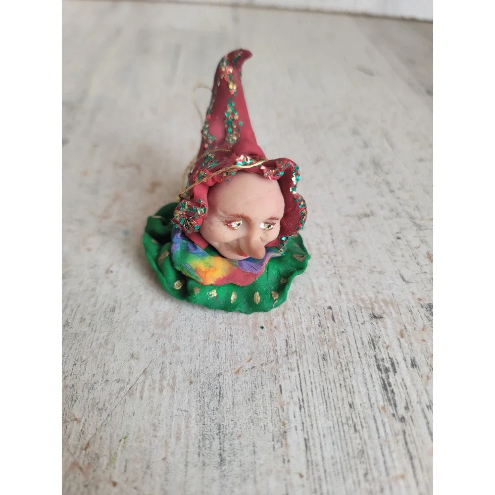 Vintage clay dough jester clown head ornament Xmas unique circus mid evil